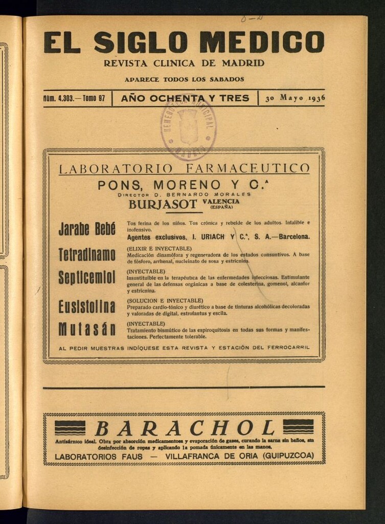 Miniatura de El Siglo médico : boletín de medicina y gaceta médica del 30 de mayo de 1936