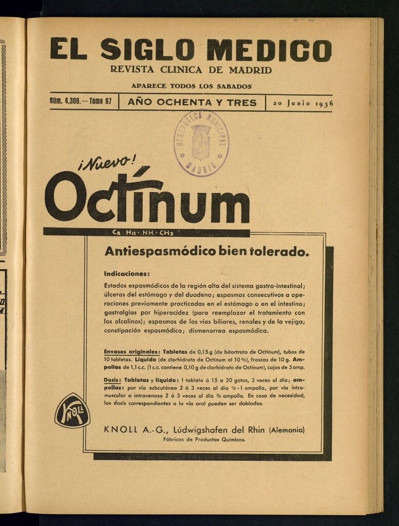 Miniatura de El Siglo médico : boletín de medicina y gaceta médica del 20 de junio de 1936