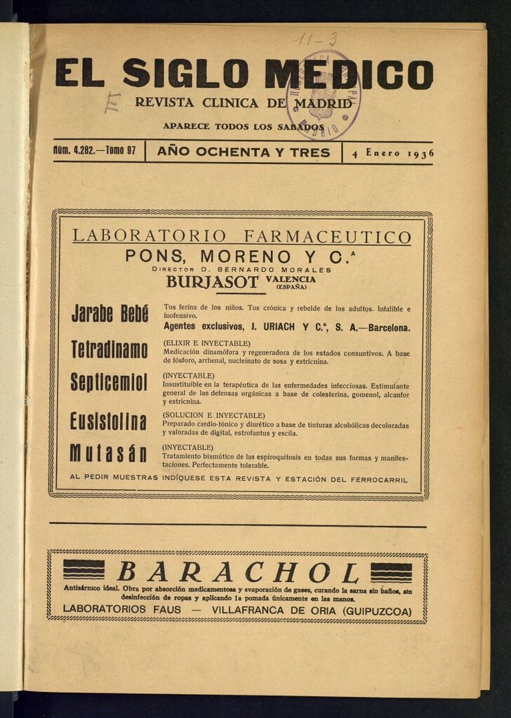Miniatura de El Siglo médico : boletín de medicina y gaceta médica del 4 de enero de 1936