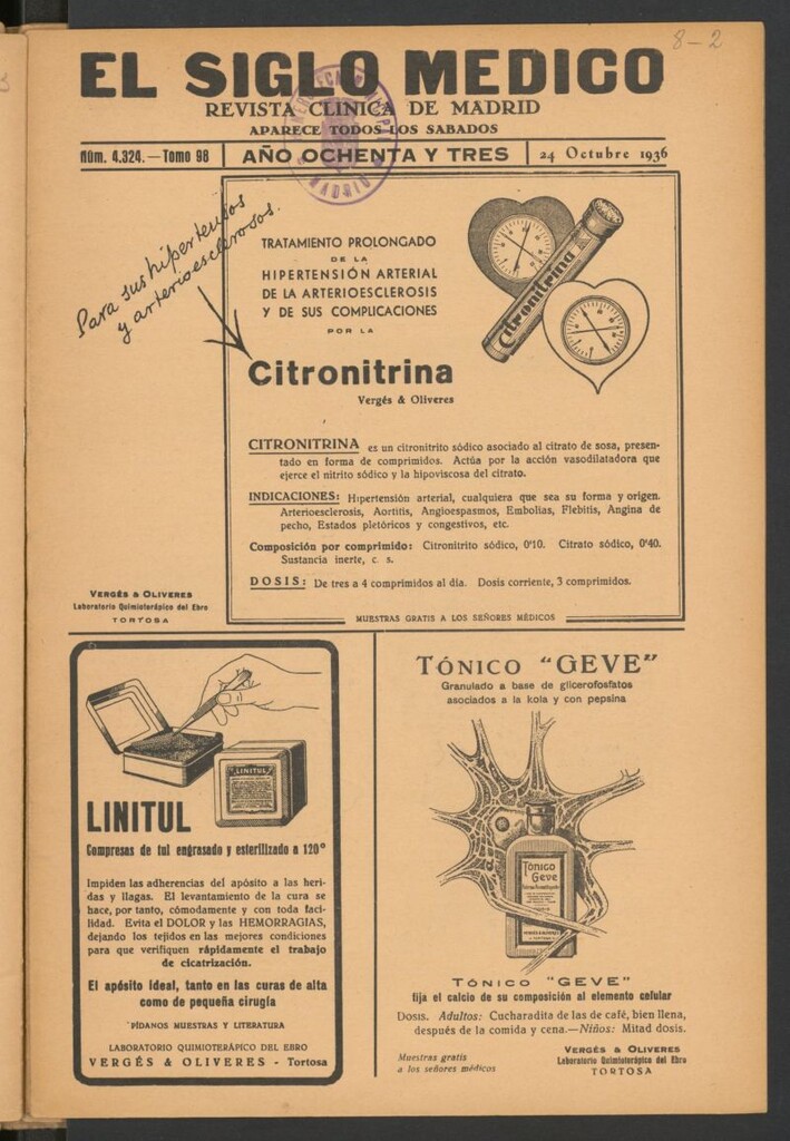 Miniatura de El Siglo médico : boletín de medicina y gaceta médica del 24 de octubre de 1936