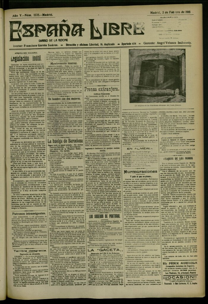 Miniatura de España Libre : Diario de la noche del 2 de febrero de 1916, nº 1535