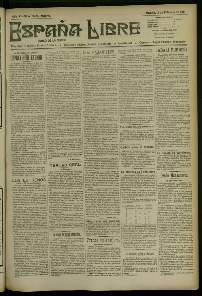 Miniatura de España Libre : Diario de la noche del 3 de febrero de 1916, nº 1536