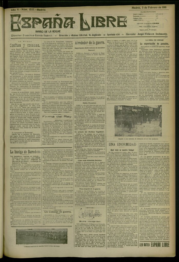 Miniatura de España Libre : Diario de la noche del 5 de febrero de 1916, nº 1537