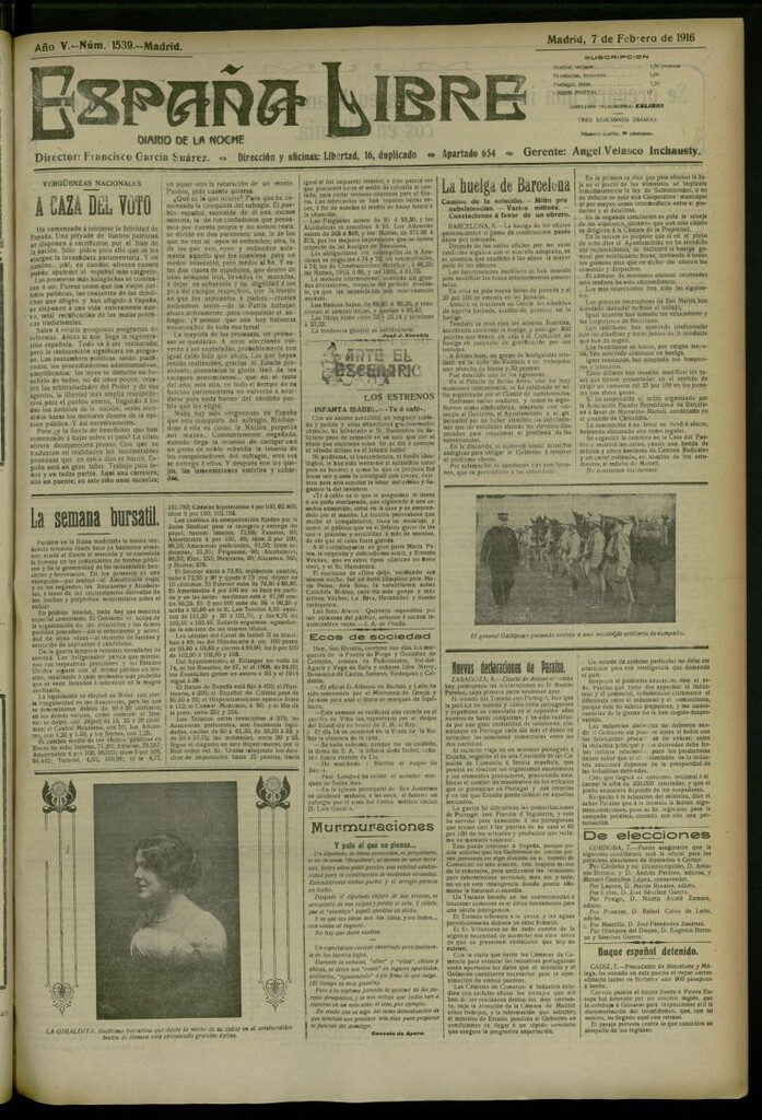 Miniatura de España Libre : Diario de la noche del 7 de febrero de 1916, nº 1539