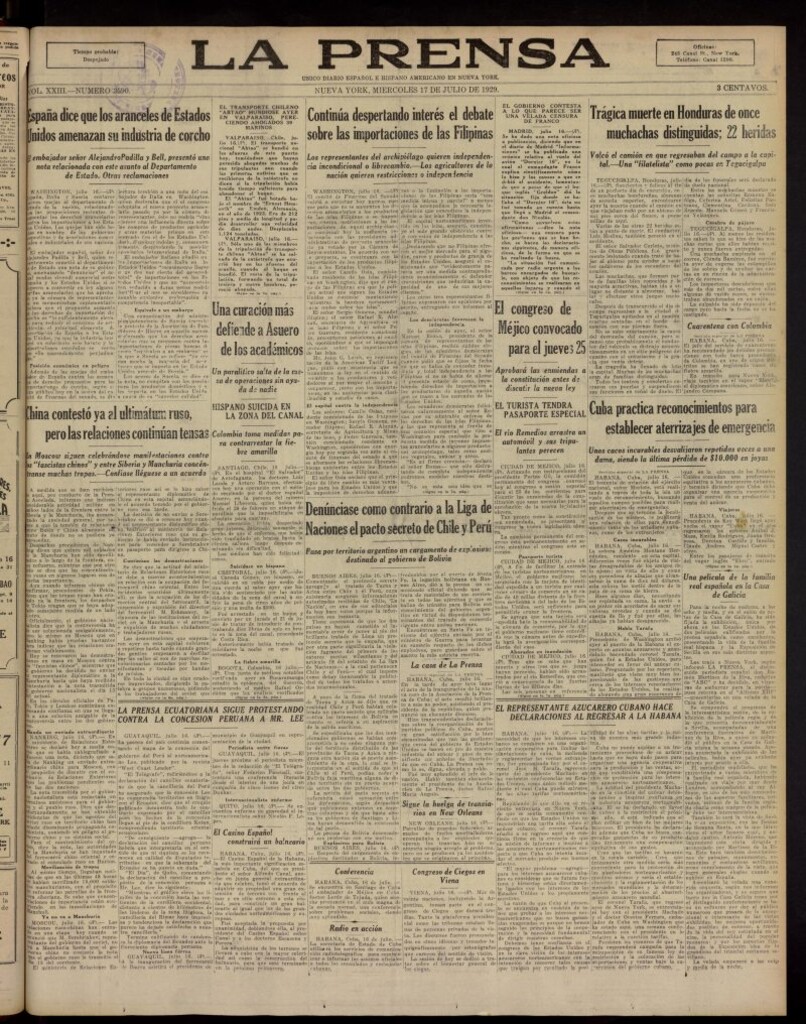 Miniatura de La Prensa: único diario español e hispano americano en Nueva York, del 17 de julio de 1929, nº 3590