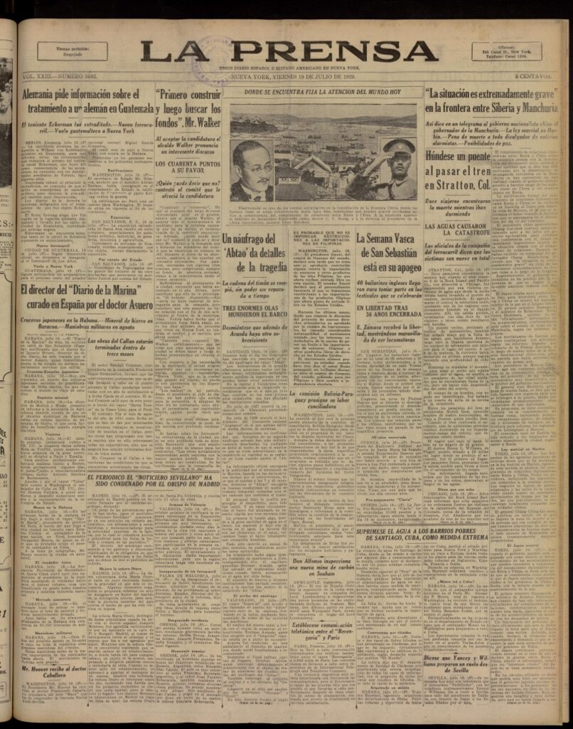 Miniatura de La Prensa: único diario español e hispano americano en Nueva York, del 19 de julio de 1929, nº 3592