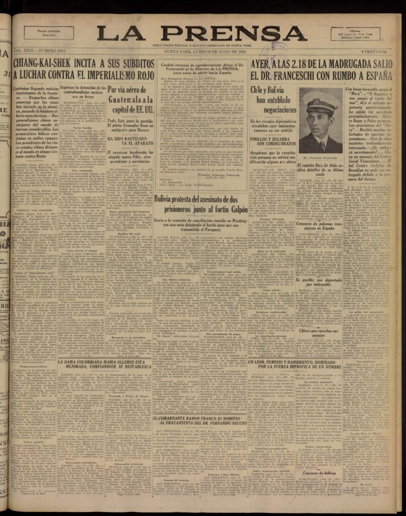Miniatura de La Prensa: único diario español e hispano americano en Nueva York, del 22 de julio de 1929, nº 3594