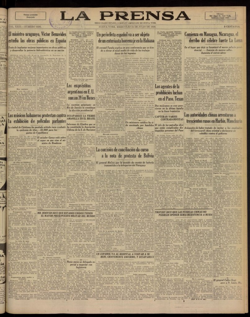Miniatura de La Prensa: único diario español e hispano americano en Nueva York del 24 de julio de 1929, nº 3596