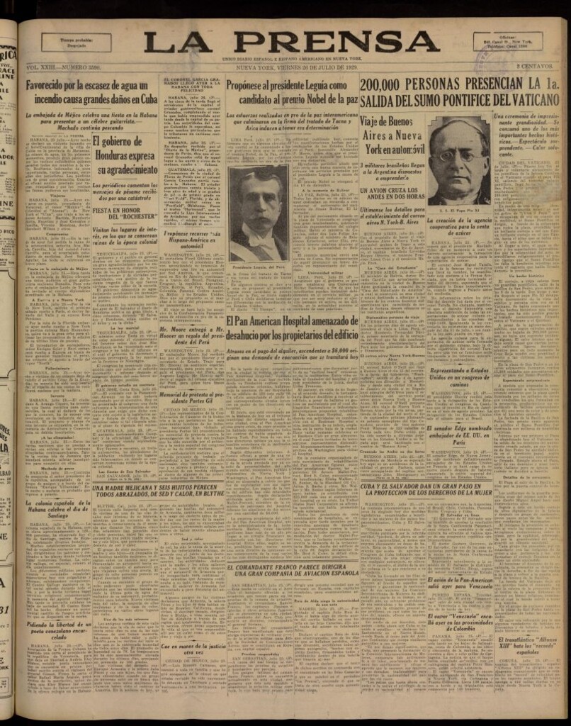 Miniatura de La Prensa: único diario español e hispano americano en Nueva York, del 26 de julio de 1929, nº 3598