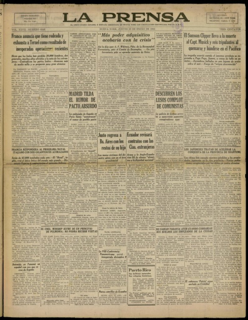 Miniatura de La Prensa: único diario español e hispano americano en Nueva York del 13 de enero de 1938, nº 6546