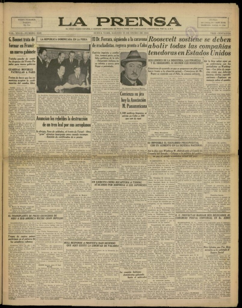 Miniatura de La Prensa: único diario español e hispano americano en Nueva York del 15 de enero de 1938, nº 6548