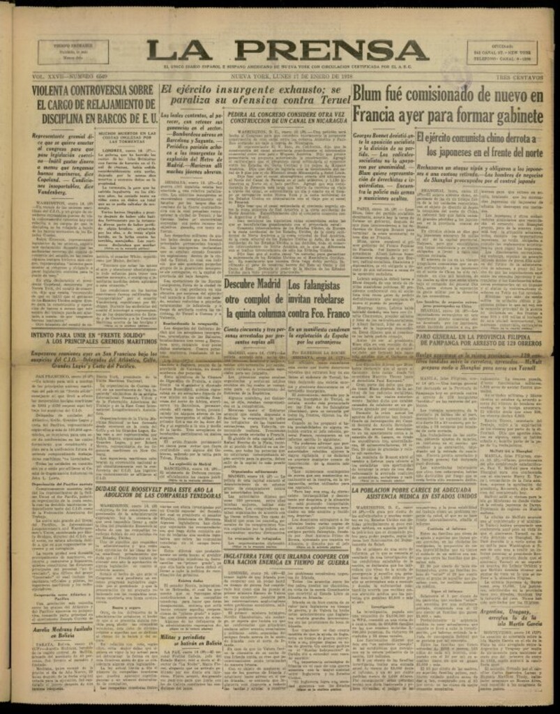 Miniatura de La Prensa: único diario español e hispano americano en Nueva York del 17 de enero de 1938, nº 6549