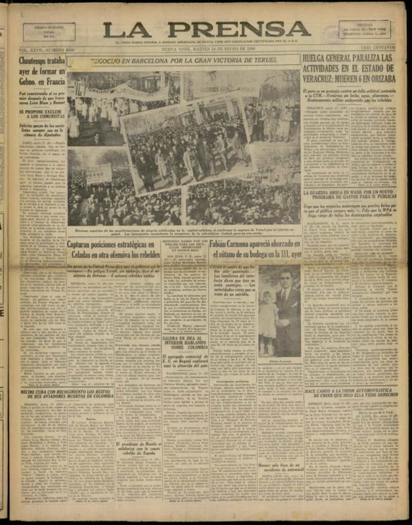 Miniatura de La Prensa: único diario español e hispano americano en Nueva York del 18 de enero de 1938, nº 6550