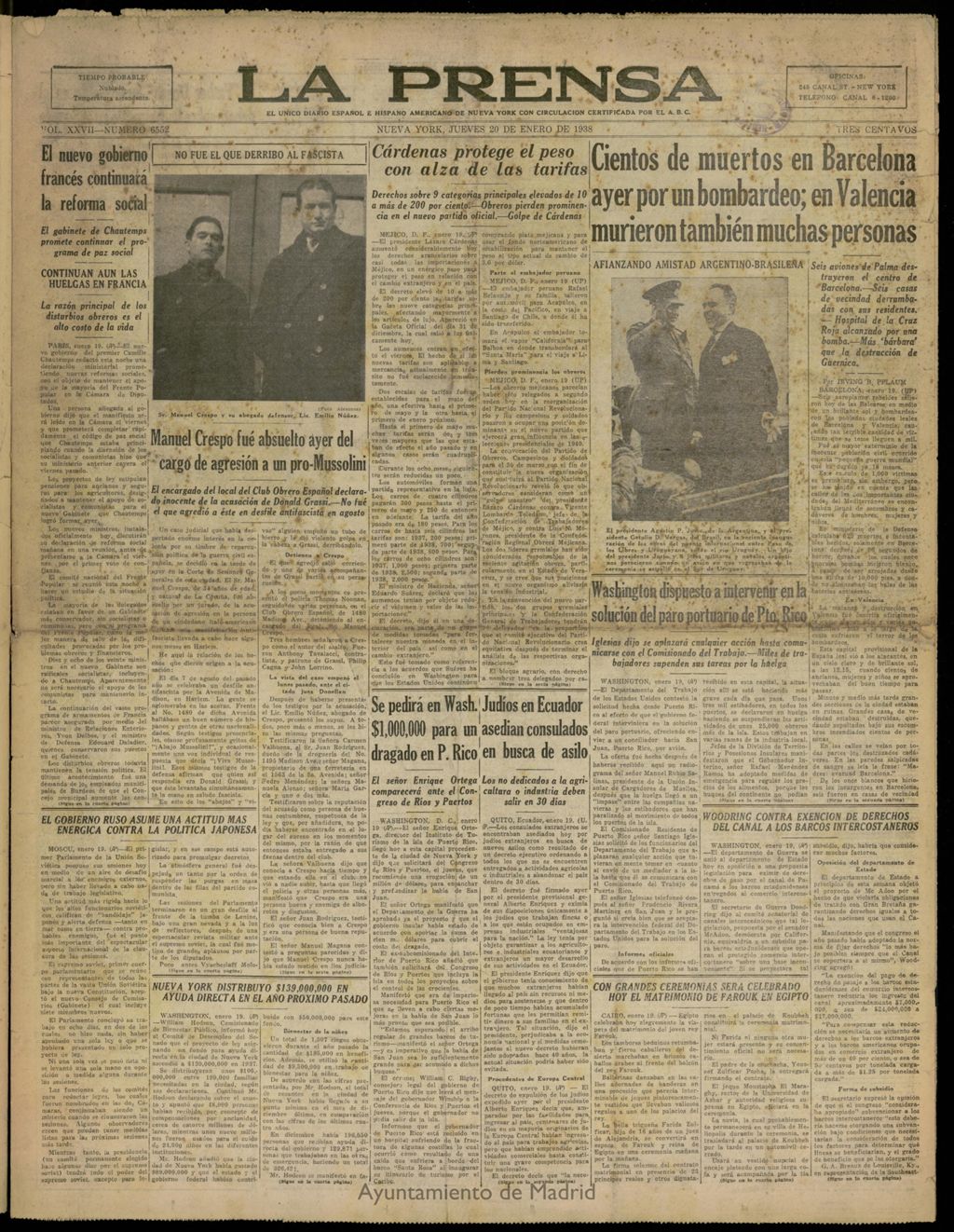 Miniatura de La Prensa: único diario español e hispano americano en Nueva York del 20 de enero de 1938, nº 6552