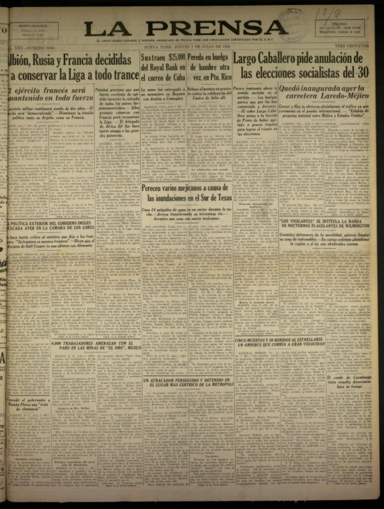 Miniatura de La Prensa: único diario español e hispano americano en Nueva York del 2 de julio de 1936, nº 6066