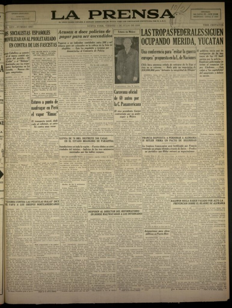Miniatura de La Prensa: único diario español e hispano americano en Nueva York del 3 de julio de 1936, nº 6067
