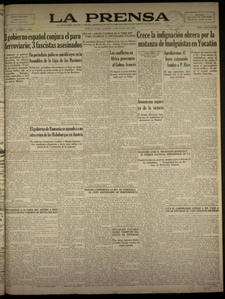 Miniatura de La Prensa: único diario español e hispano americano en Nueva York del 4 de julio de 1936, nº 6068