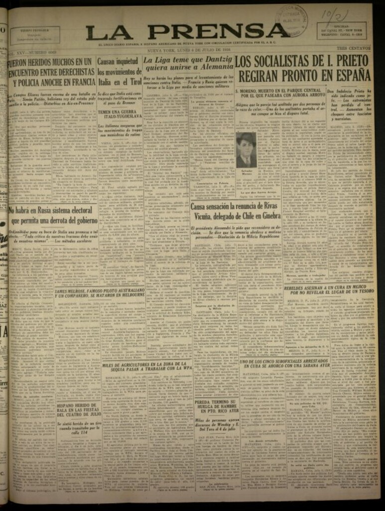 Miniatura de La Prensa: único diario español e hispano americano en Nueva York del 6 de julio de 1936, nº 6069