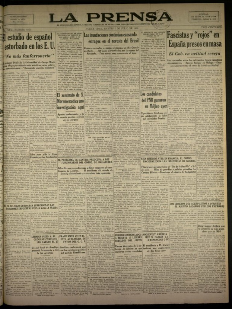 Miniatura de La Prensa: único diario español e hispano americano en Nueva York del 7 de julio de 1936, nº 6070