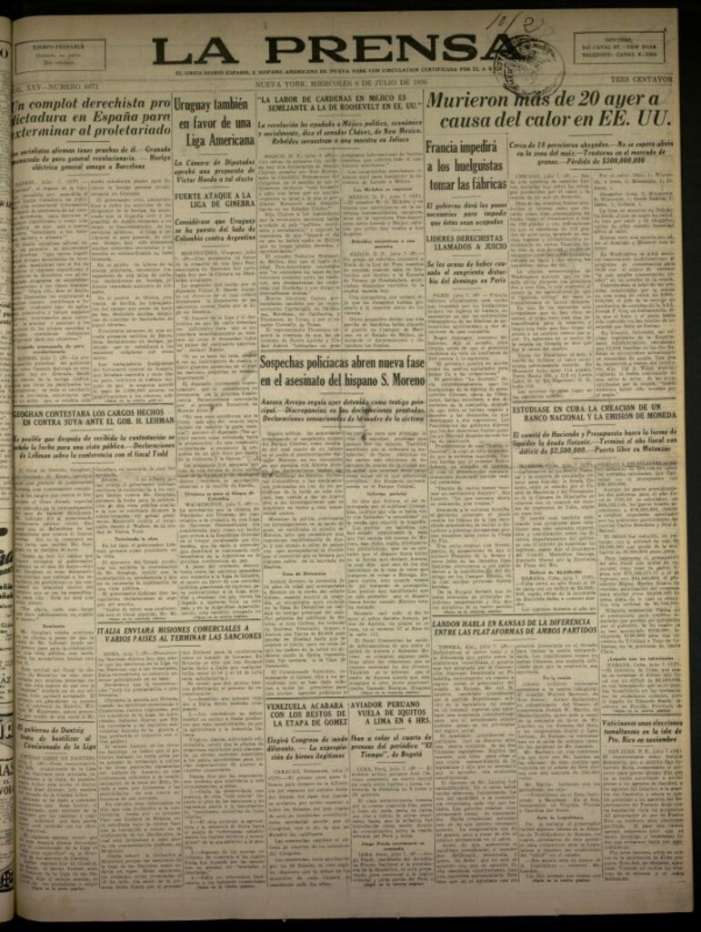 Miniatura de La Prensa: único diario español e hispano americano en Nueva York del 8 de julio de 1936, nº 6071