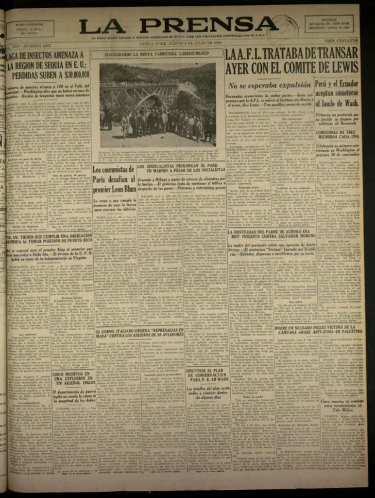 Miniatura de La Prensa: único diario español e hispano americano en Nueva York del 9 de julio de 1936, nº 6072