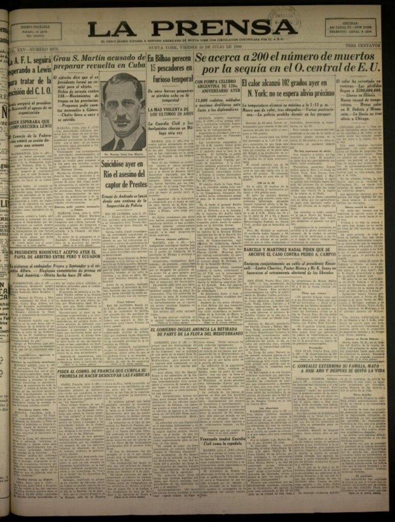 Miniatura de La Prensa: único diario español e hispano americano en Nueva York del 10 de julio de 1936, nº 6073