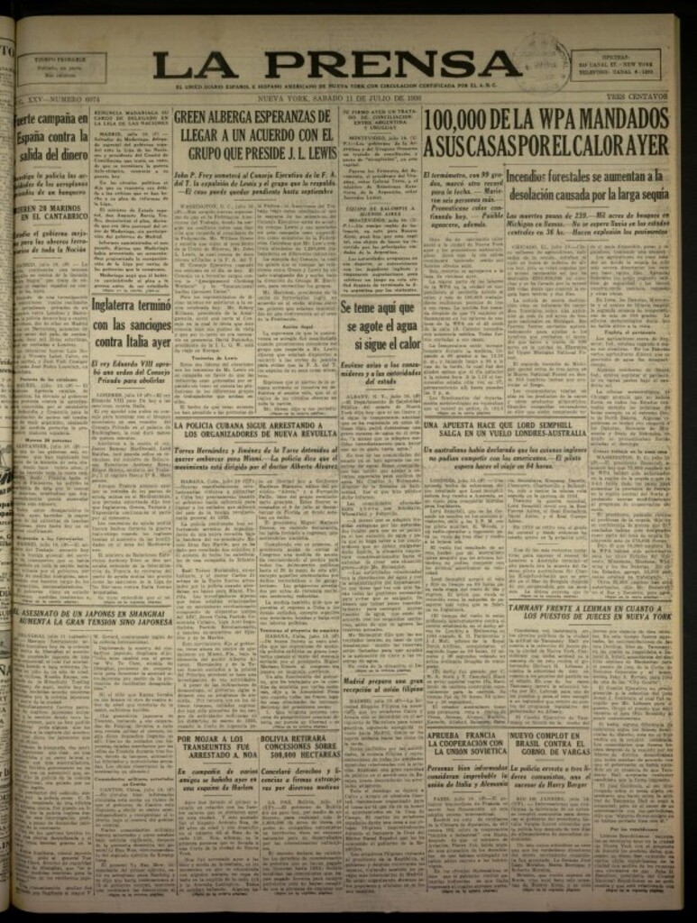 Miniatura de La Prensa: único diario español e hispano americano en Nueva York del 11 de julio de 1936, nº 6074