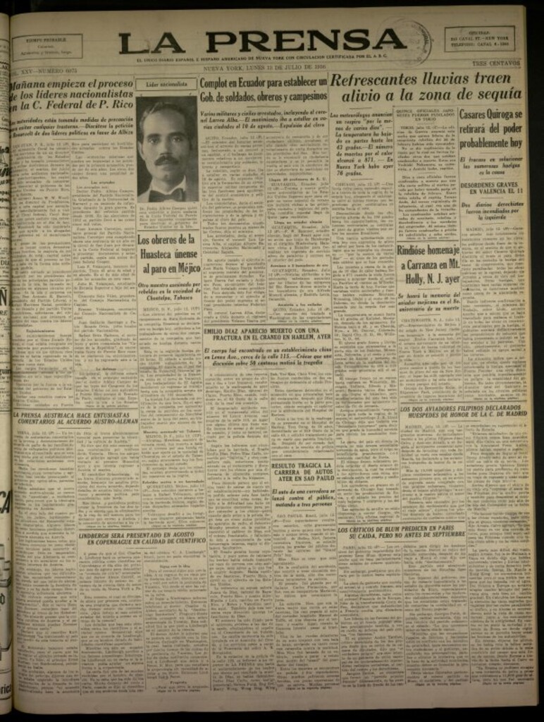 Miniatura de La Prensa: único diario español e hispano americano en Nueva York del 13 de julio de 1936, nº 6075