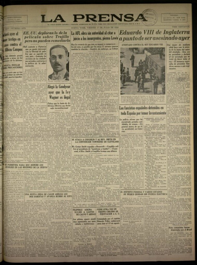 Miniatura de La Prensa: único diario español e hispano americano en Nueva York del 17 de julio de 1936, nº 6079