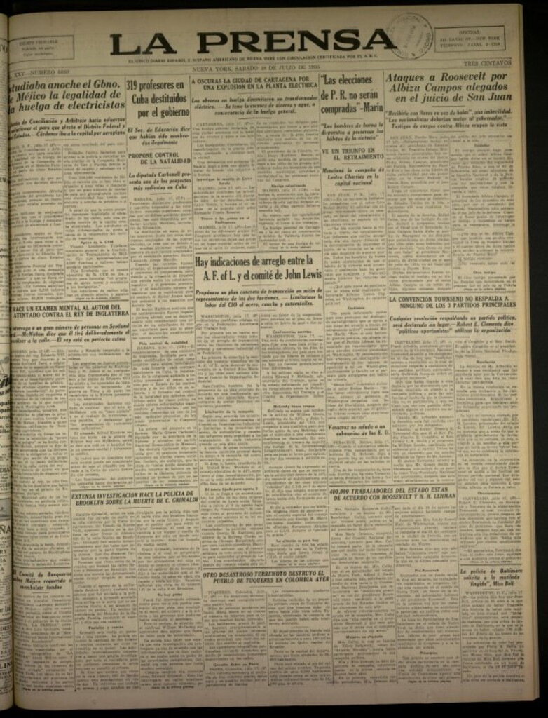 Miniatura de La Prensa: único diario español e hispano americano en Nueva York del 18 de julio de 1936, nº 6080