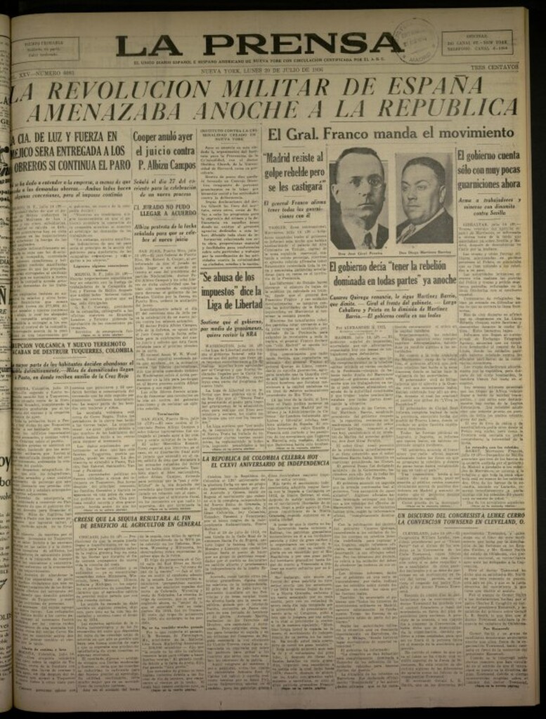 Miniatura de La Prensa: único diario español e hispano americano en Nueva York del 20 de julio de 1936, nº 6081