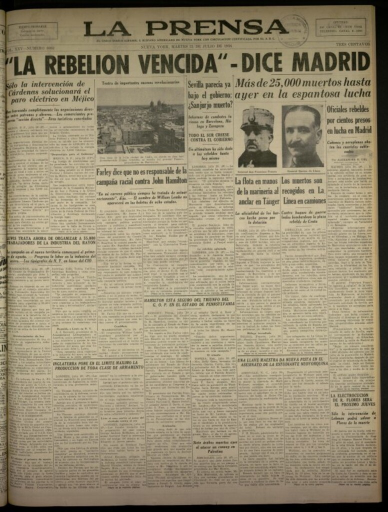 Miniatura de La Prensa: único diario español e hispano americano en Nueva York del 21 de julio de 1936, nº 6082