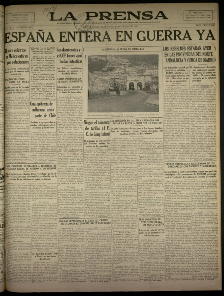 Miniatura de La Prensa: único diario español e hispano americano en Nueva York del 22 de julio de 1936, nº 6083