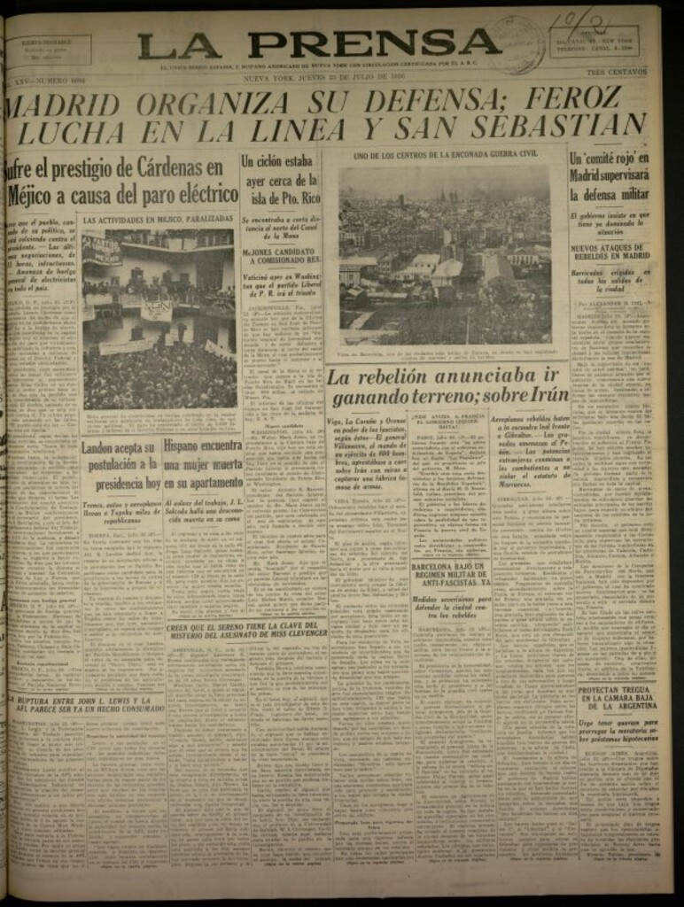 Miniatura de La Prensa: único diario español e hispano americano en Nueva York del 23 de julio de 1936, nº 6084