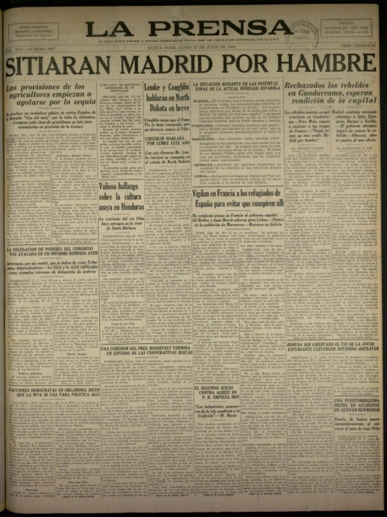 Miniatura de La Prensa: único diario español e hispano americano en Nueva York del 27 de julio de 1936, nº 6087