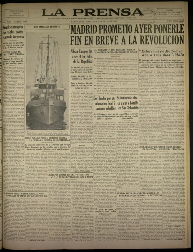 Miniatura de La Prensa: único diario español e hispano americano en Nueva York del 29 de julio de 1936, nº 6089