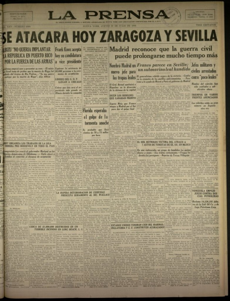 Miniatura de La Prensa: único diario español e hispano americano en Nueva York del 30 de julio de 1936, nº 6090