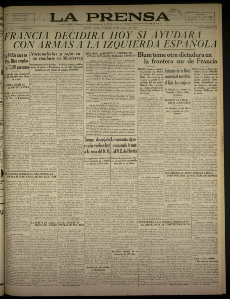 Miniatura de La Prensa: único diario español e hispano americano en Nueva York del 31 de julio de 1936, nº 6091