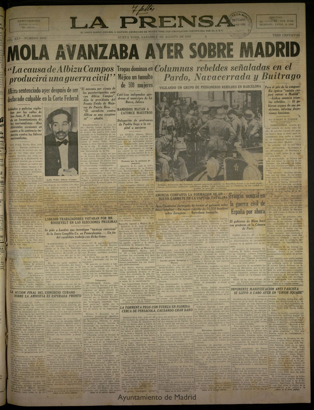 Miniatura de La Prensa: único diario español e hispano americano en Nueva York del 1 de agosto de 1936, nº 6092