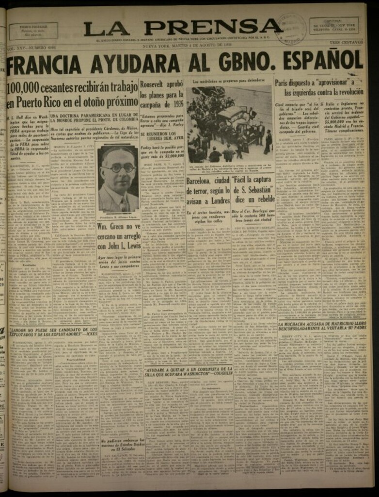 Miniatura de La Prensa: único diario español e hispano americano en Nueva York del 4 de agosto de 1936, nº 6094