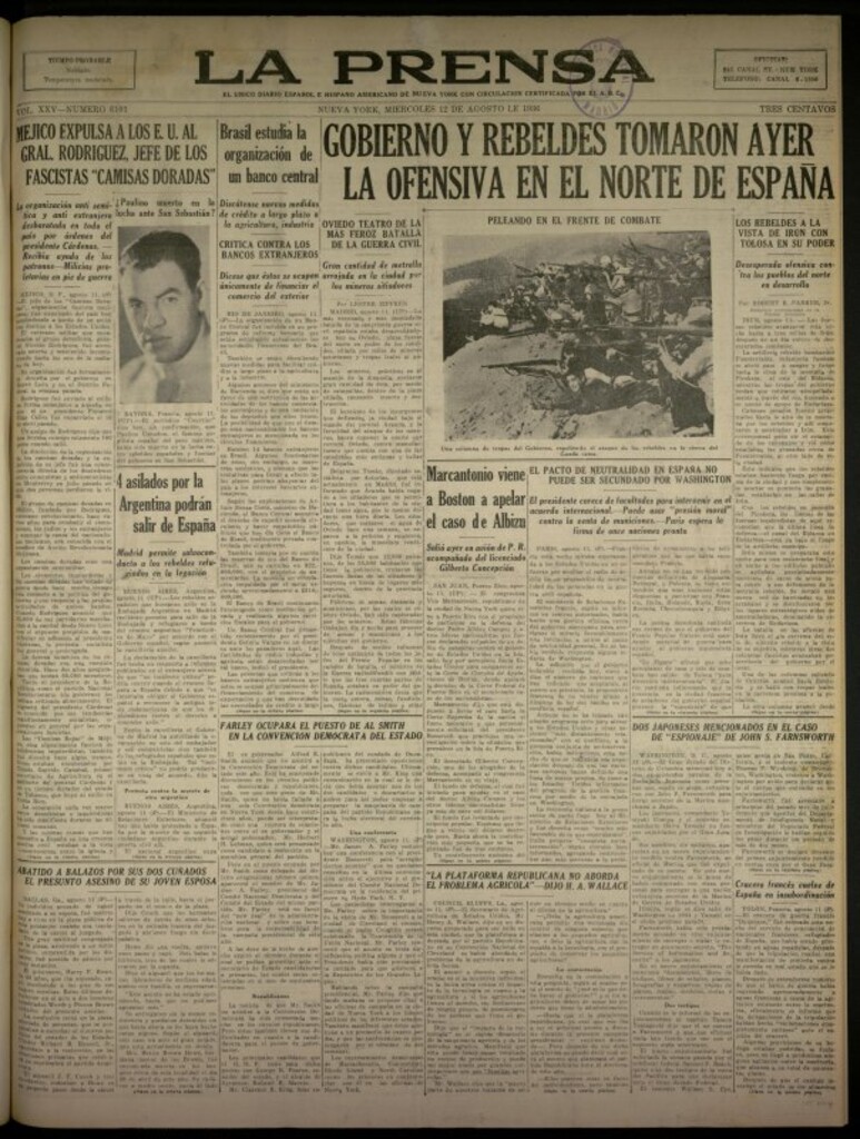 Miniatura de La Prensa: único diario español e hispano americano en Nueva York del 12 de agosto de 1936, nº 6101