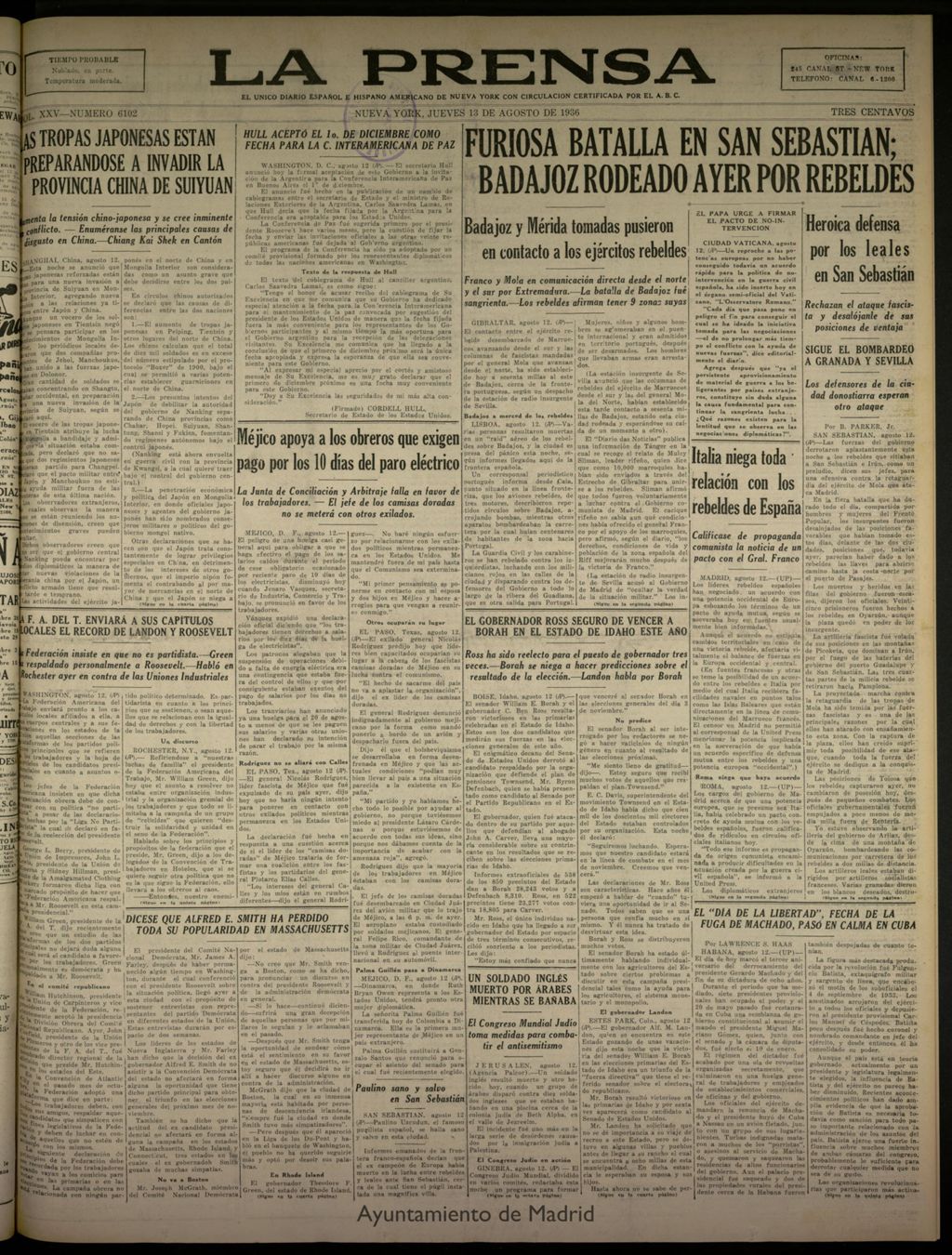 Miniatura de La Prensa: único diario español e hispano americano en Nueva York del 13 de agosto de 1936, nº 6102
