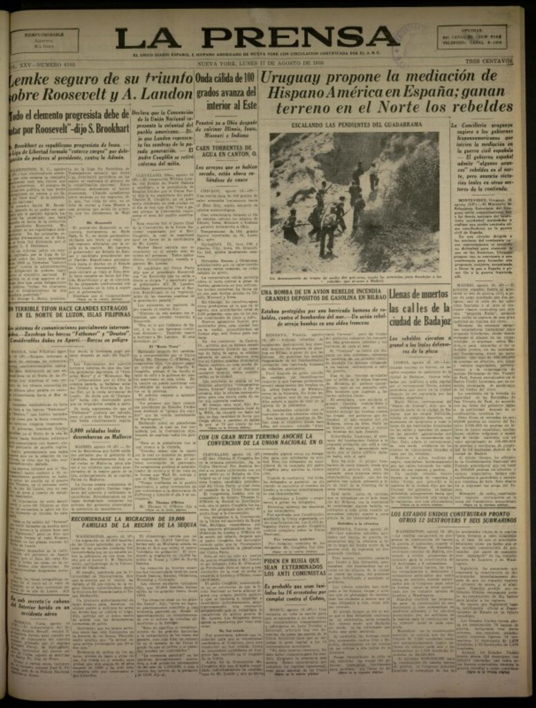 Miniatura de La Prensa: único diario español e hispano americano en Nueva York del 17 de agosto de 1936, nº 6105