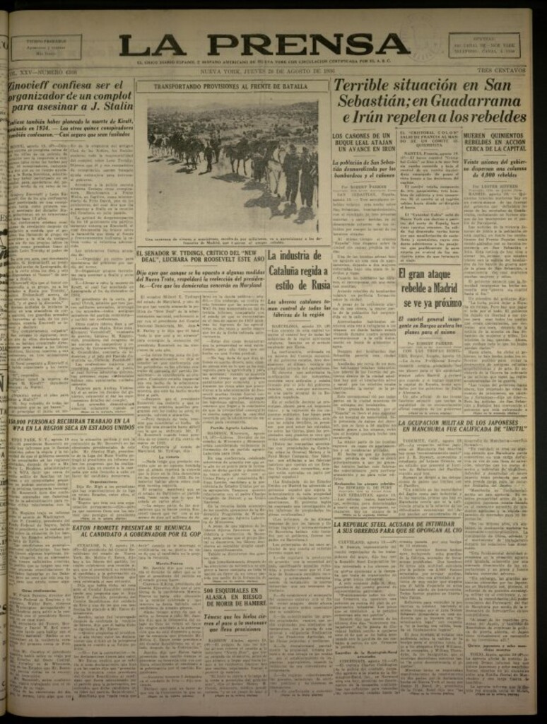 Miniatura de La Prensa: único diario español e hispano americano en Nueva York del 20 de agosto de 1936, nº 6108