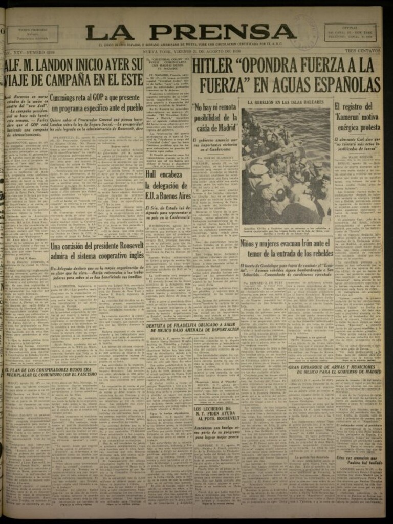 Miniatura de La Prensa: único diario español e hispano americano en Nueva York del 21 de agosto de 1936, nº 6109