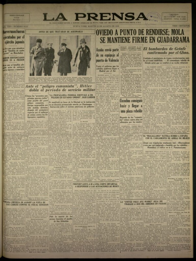 Miniatura de La Prensa: único diario español e hispano americano en Nueva York del 25 de agosto de 1936, nº 6112