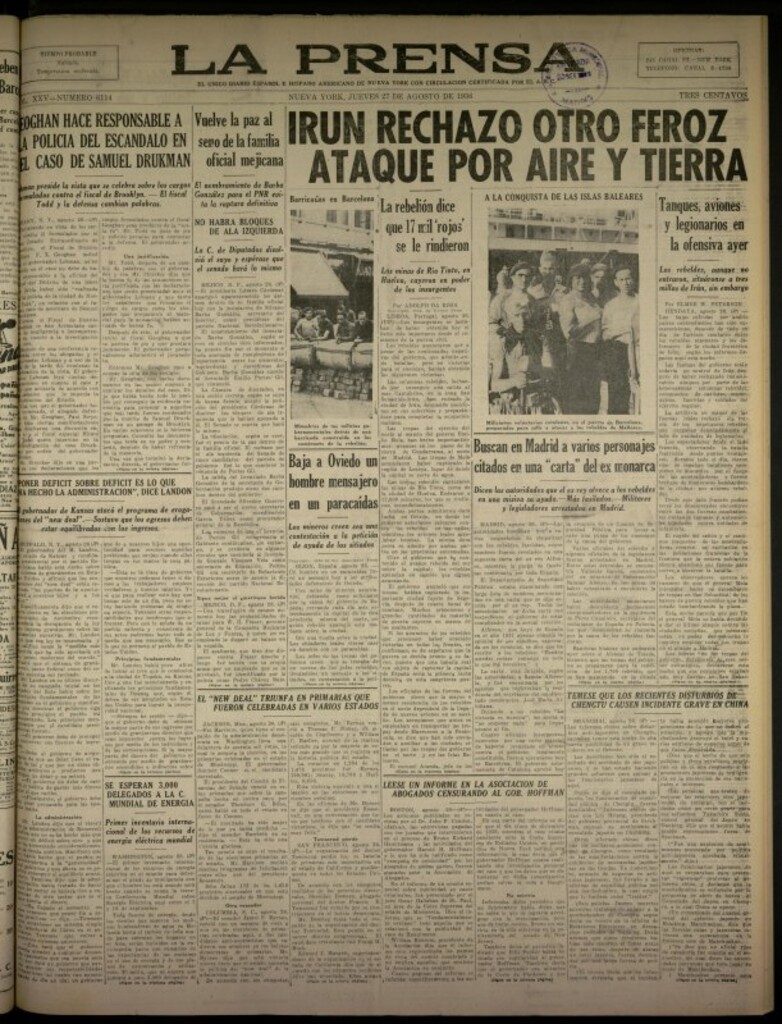 Miniatura de La Prensa: único diario español e hispano americano en Nueva York del 27 de agosto de 1936, nº 6114