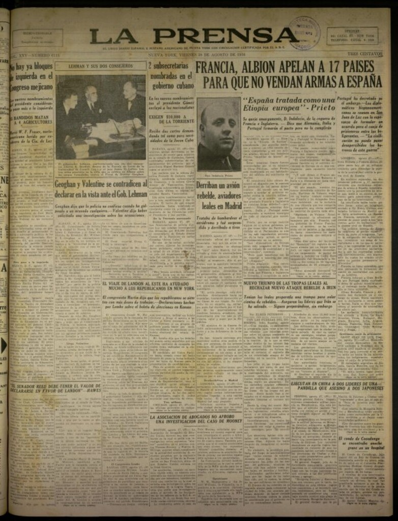 Miniatura de La Prensa: único diario español e hispano americano en Nueva York del 28 de agosto de 1936, nº 6115
