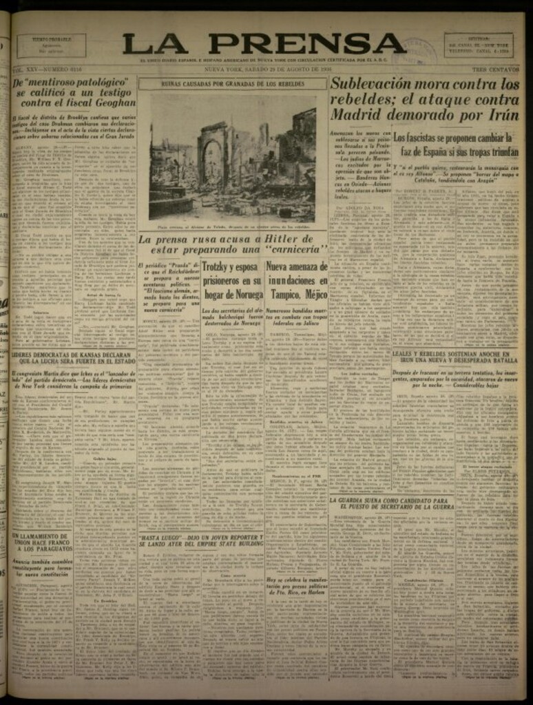 Miniatura de La Prensa: único diario español e hispano americano en Nueva York del 29 de agosto de 1936, nº 6116