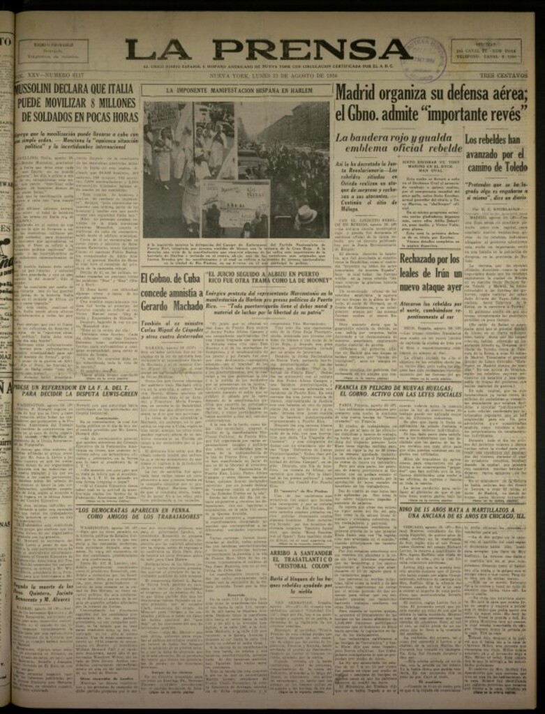 Miniatura de La Prensa: único diario español e hispano americano en Nueva York del 31 de agosto de 1936, nº 6117